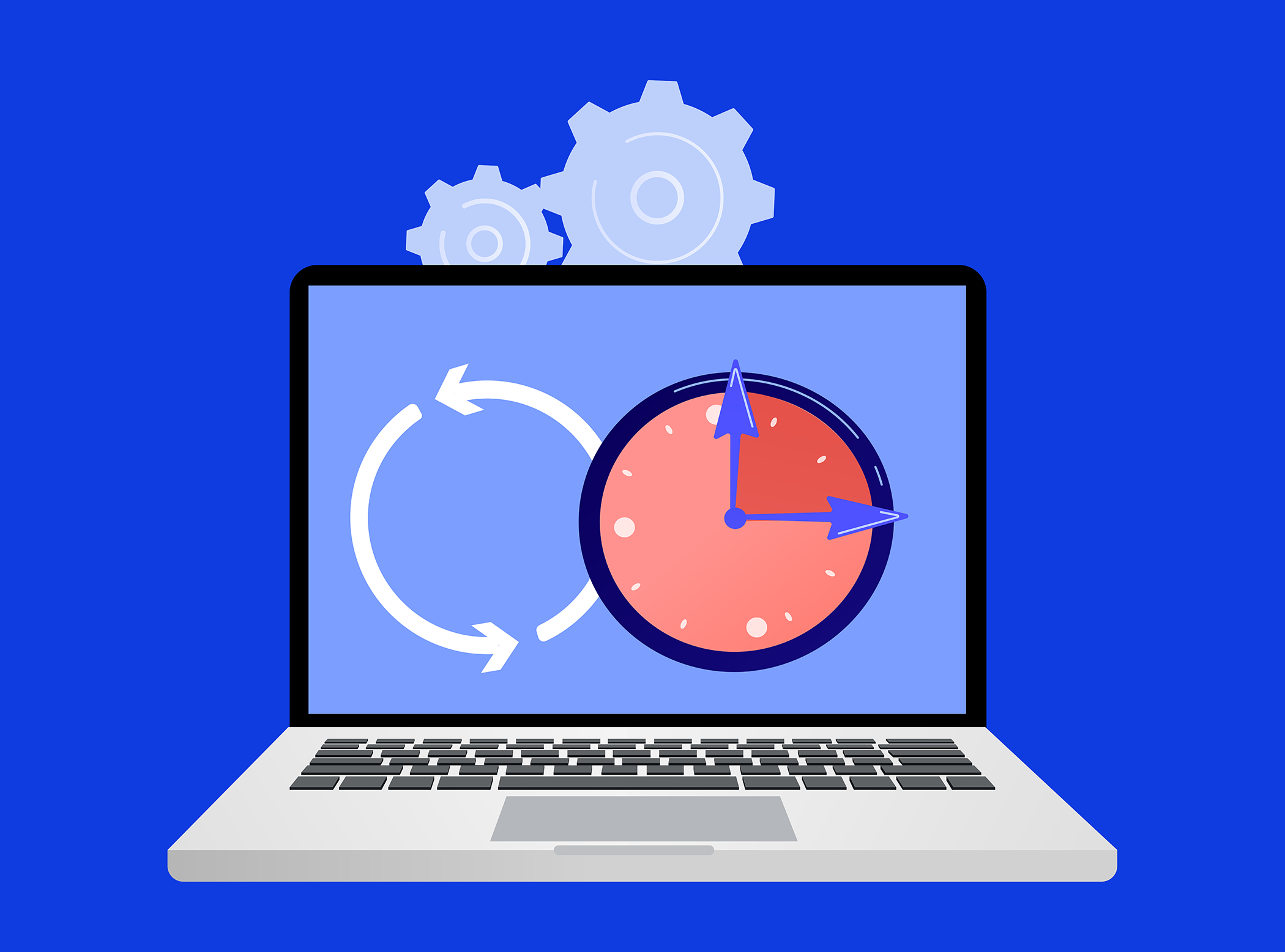 A computer with a clock and circular arrows with data cogs behind them showing the time for disaster recovery