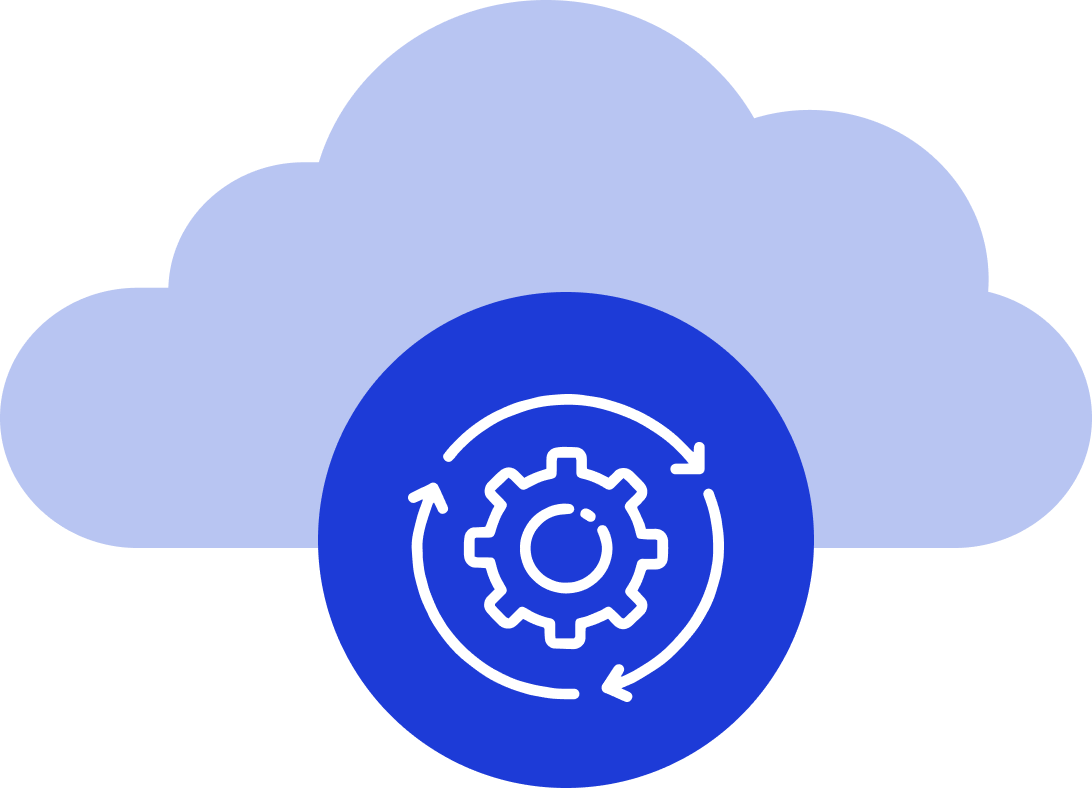 Blue data cog with circular arrow and cloud